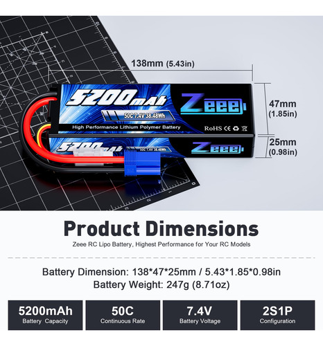 Batería Lipo Zeee 2s 5200mah 7.4v 50c Estuche Rígido Con