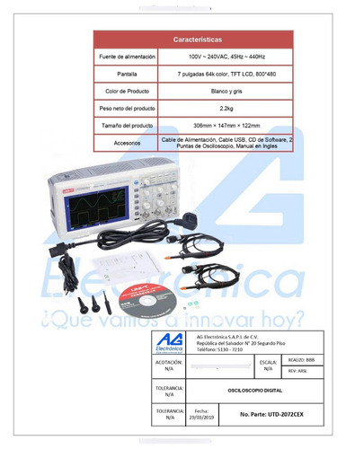 Osciloscopio 2 Ch 70 Mhz 1gs/s Color Modelo: Utd2072cex