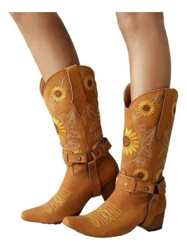 Bota Vaquera Caballero De Dama De Tacón Grueso Bordadas