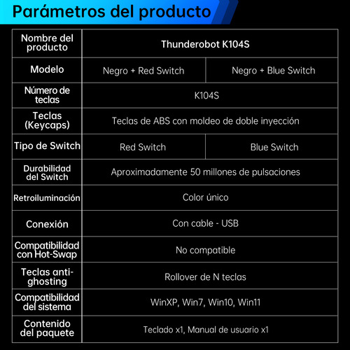 Teclado Mecanico Gamer Spectra Pc Thunderobot K104s Alambrico Teclado Con Cable QWERTY Alambrico Ergonomico Anti-ghosting Para Laptop/Windows