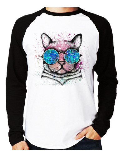 Camiseta Raglan Gato De Óculos Psicodélico Longa