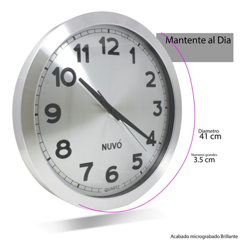 Imagen 2 de 6 de Reloj De Pared Moderno Analogo Plateado Gigante 40 Cm