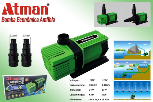 Bomba Econômica Aquário Lago Subm/ext Atman Ax-8000 110v 65w