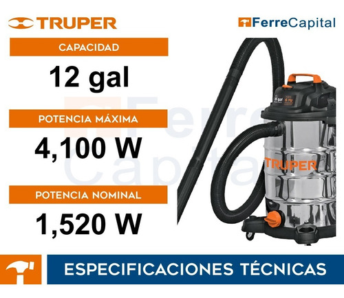 Aspiradora Sólidos Líquidos 12 Gal Acero Inox Truper 101524