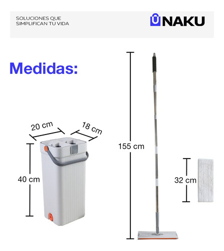 Trapeador Mopa Plana Naku Con Cabezal 360 Balde Escurridor Y 2 Paños