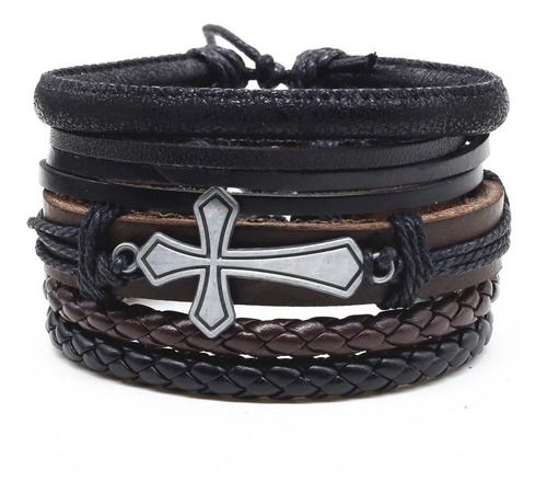 Manilla Pulsera Brazalete Cuero Negro Cruz Jesús Hombre Muje