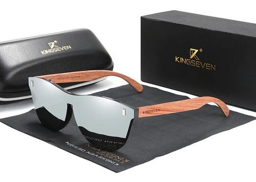 Gafas de sol polarizadas Kingseven con varilla de madera, color Uv400, marco plateado, color negro