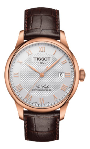 Reloj pulsera Tissot T-Classic Le Locle Powermatic 80 Le locle powermatic 80 de cuerpo color oro rosa 5n, analógica, para hombre, fondo plateado, con correa de cuero color marrón, agujas color oro rosa 5n, dial oro rosa 5n, minutero/segundero negro, bisel color oro rosa 5n y mariposa