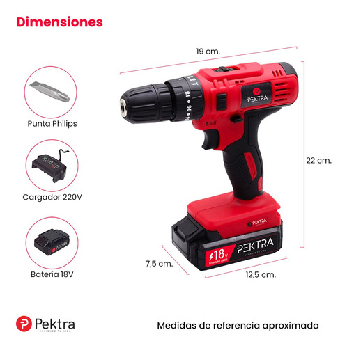 Taladro Atornillador Percutor Batería 18v Litio Maletin Luz Color Rojo Frecuencia 50