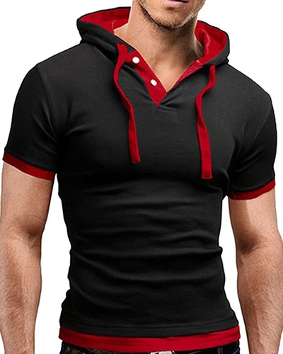 Remera De Hombre Con Capucha - Manga Corta - Negra/rojo.