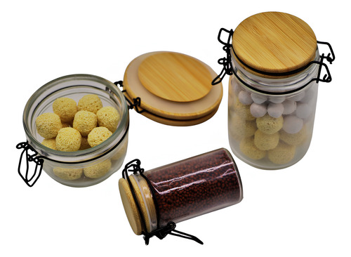 Kit 3 Pote Hermético De Vidro Tampa De Bambu Com Trava Inox