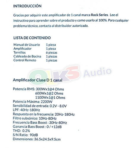 Imagen 7 de 8 de Amplificador Monoblock Clase D Para Bajos 1 Canal De 1100 Watts Rms A 1 Ohm, 2200 Watts Maximos Rockseries Rks-p1100.1d