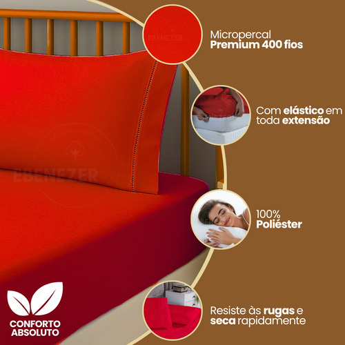 Jogo De Lençol 3 Peças Casal Com Fronha Ponto Palito 400 Fios Extra Macio Confortável Cor Vermelho Premium