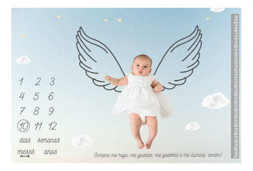 Tapete Cenário Para Foto De Bebê Mês Aniversário Anjinho Cor Neutro Desenho Do Tecido Anjo