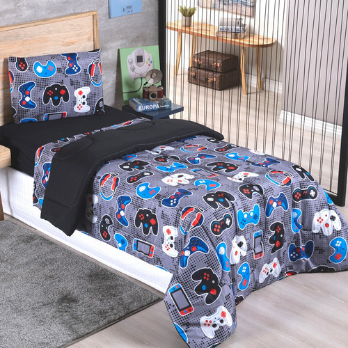 Kit Edredom 3 Peças Infantil Solteiro Game Play 300 Fios Cor Cinza Desenho Do Tecido Astronauta