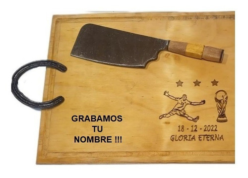 Kit Parrillero Tabla Madera Asado 40x30 Dibu Campeon Mundial