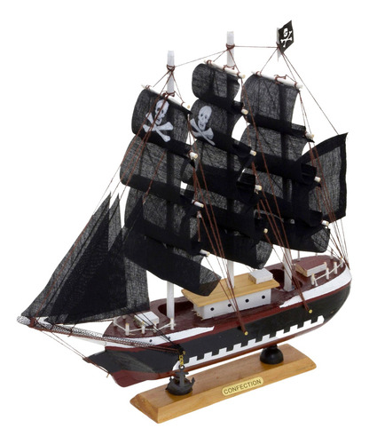 Escultura Barco Madeira Eescura Tecido Preto E Branco 31cm