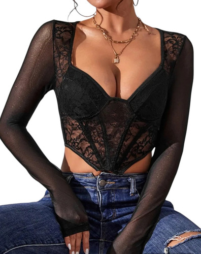 Blusa Sexy Para Mujer Con Encaje Negro Floral 2032 