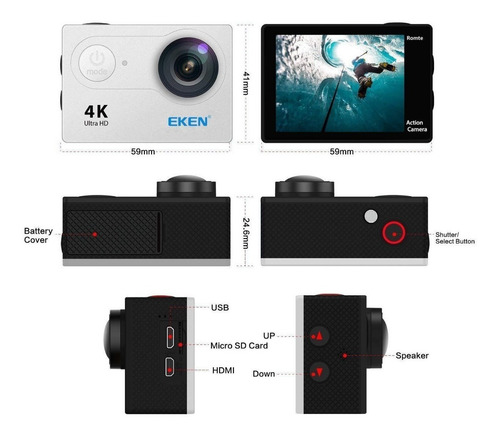 Camara Deportiva H9r Original Logo Eken 4k 25fps ,2 Baterías