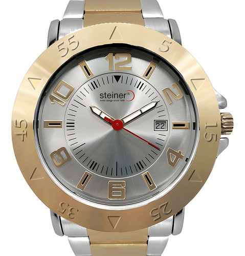 Reloj De Hombre Steiner Con Bisel Giratorio Y Fechador 3 Atm Correa Plateado Bisel Dorado Fondo Plateado