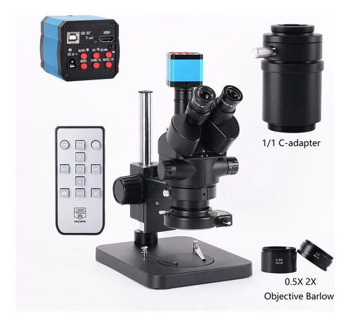 Microscopio Trinocular + Cam 14mp+led Zoom 7-90x Con Lentes Negro