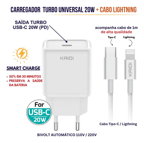Fonte Carregador Turbo Para Iphone Pd 20w + Cabo Lightning Branco