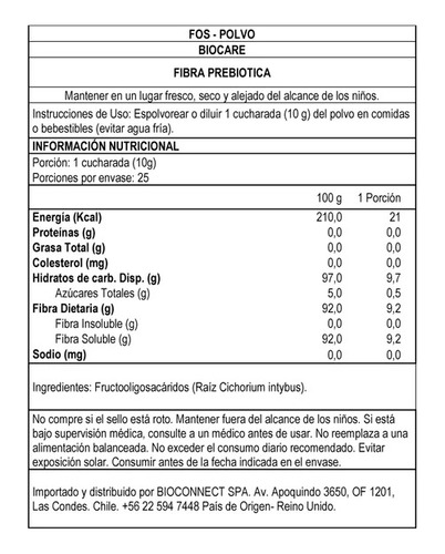 Biocare - Fos Fibra Prebiótica En Polvo 250g