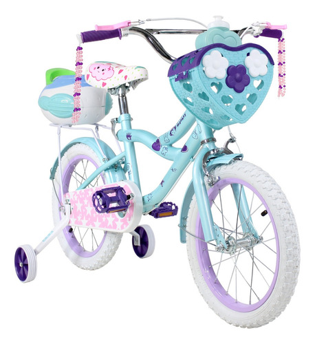 Bicicleta Infantil Azul R16 + Canasta Termo Y Rueditas Color Morado