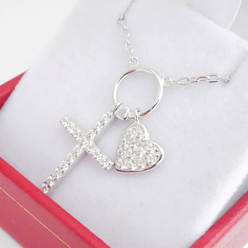 Amor Eterno - Collar Plata / Oro 24k / Cruz Corazón + Color Blanco