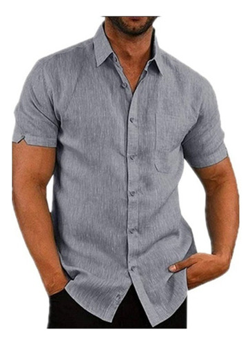 Camisa Slim Fit Hombre Manga Corta Cuello Mao Casual Vestir