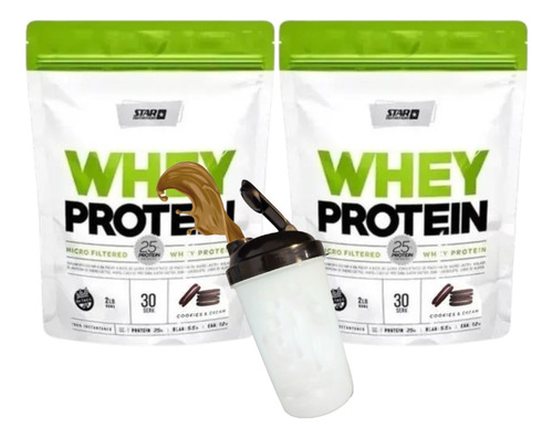 Star Nutrition Whey Protein Proteínas Sabor Cookies And Cream De 908g Pack X2 Vaso 600 Ml