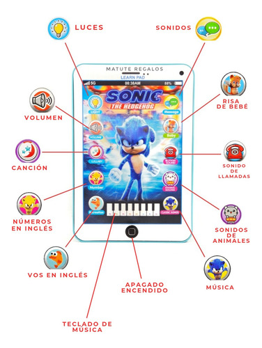 Tablet Juguete Didáctico C/ Luces Sonidos Musica Y Piano Sonic