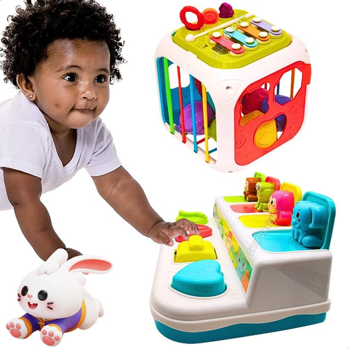 Kit Brinquedo Encaixe Para Bebê Turminha Pop + Cubo 7 Em 1