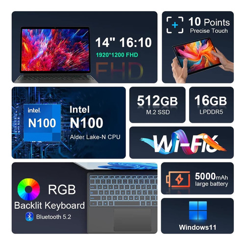 Tpv 2-in, Renopad 14 Windows 11 Pro Tablet Con Teclado, 16