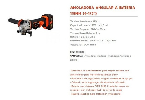 Imagen 2 de 3 de Amoladora Angular A Bateria 115mm Dowen Pagio 18v Litio 41/2
