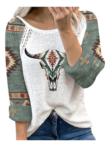 P Blusa Mujer Otoño Invierno Estampado Vintage Western Colo