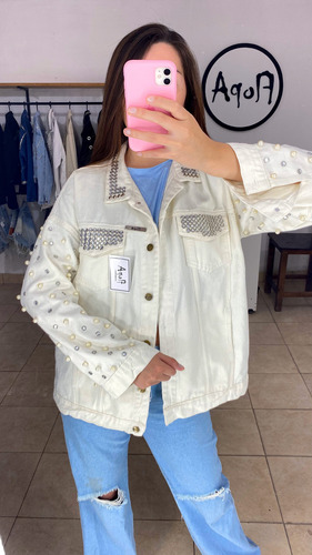 Campera De Jean Con Strass Y Perlas Brillos Customizada Dama