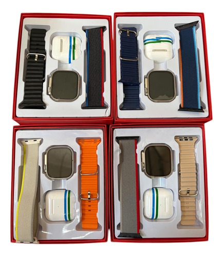 Smartwatch Reloj Inteligente Mas Auriculares Portatiles Rojo Deportivo Y Tela Gris Y Naranja Gris