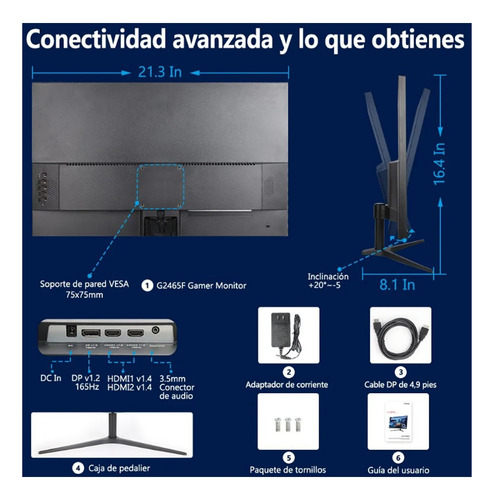 Monitor Gamer Fyhxele 23,8 Paneles Ips Full Hd 165 Hz 1 Ms H Negro