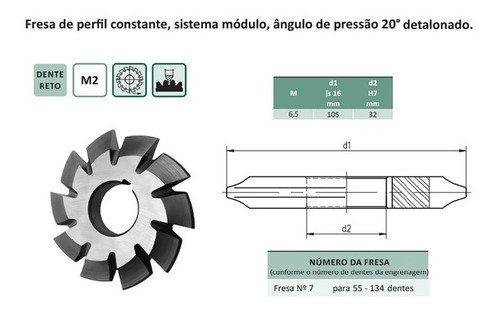 Fresa Modulo Para Engrenagens M6,5 Nº7 55/134 Dentes 20° Ws