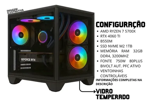 Pc Computador Gamer Ryzen 7 5700x, Rtx4060ti, 32gb, Nvme 1tb