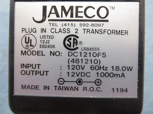 Jameco Dc1210f5 (481210) Ac Adapter In: 120v 60hz Out: 1 Ccf