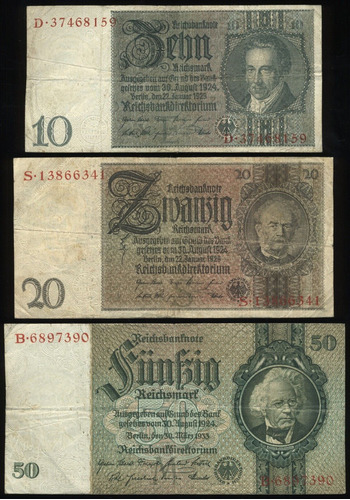 Lote X 3 Ps Alemania 10,20,50 M 1929-1933 Weimar Bueno