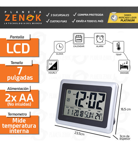 Imagen 3 de 8 de Reloj De Pared Grande Lcd 7 Temperatura Fecha Alarma Snooze