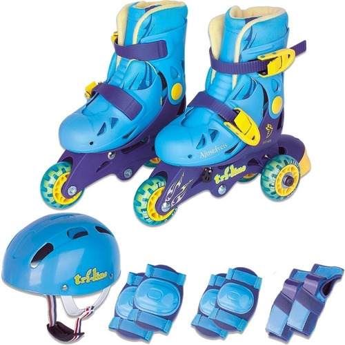 Patins Infantil Menino 26/33 Kit Proteção In Line E Tri Line