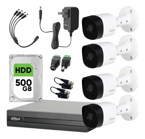 Kit videovigilancia cronos 4 cámaras Dahua bala B2A51N metálicas 5mp HDD 500GB Baluns accesorios kit cctv DH-KIT5MP-PLUS2N dvr dahua XVR1b04-i circuito cerrado