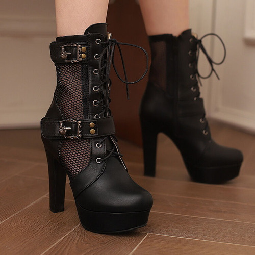 Botas De Malla Con Cordones Para Mujer, Tacones De Plataform