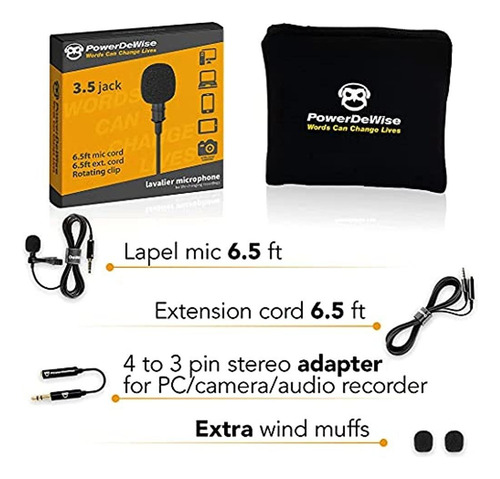Powerdewise Micrófono De Solapa Grado Profesional Con Clip - Lavalier Micrófono Para Teléfono Con Cámara iPhone Grabación De Video Asmr - Micrófono Pequeño Con Cancelación De Ruido De 3.5 Mm