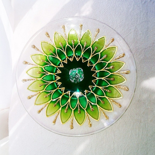 Incensário Em Vidro Redondo Mandala Margarida Verde