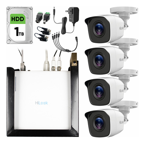 Hilook Kit Video Vigilancia 4 Cámaras Bala 1mp 720p Modelo Kit4bp-plus-sc+1tb con Disco Duro 1TB + Protección Antivandálica para DVR / Visión Nocturna Compatible Con App Hik-connect / Circuito Cerrado